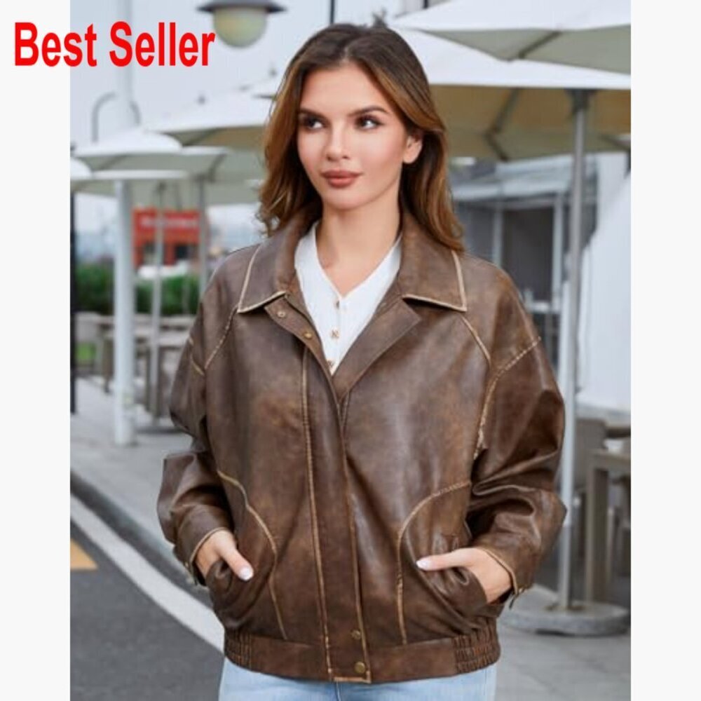 Faux Leather Jacket Loose Fit Moto Biker Zip Up - Picture 3 of 7